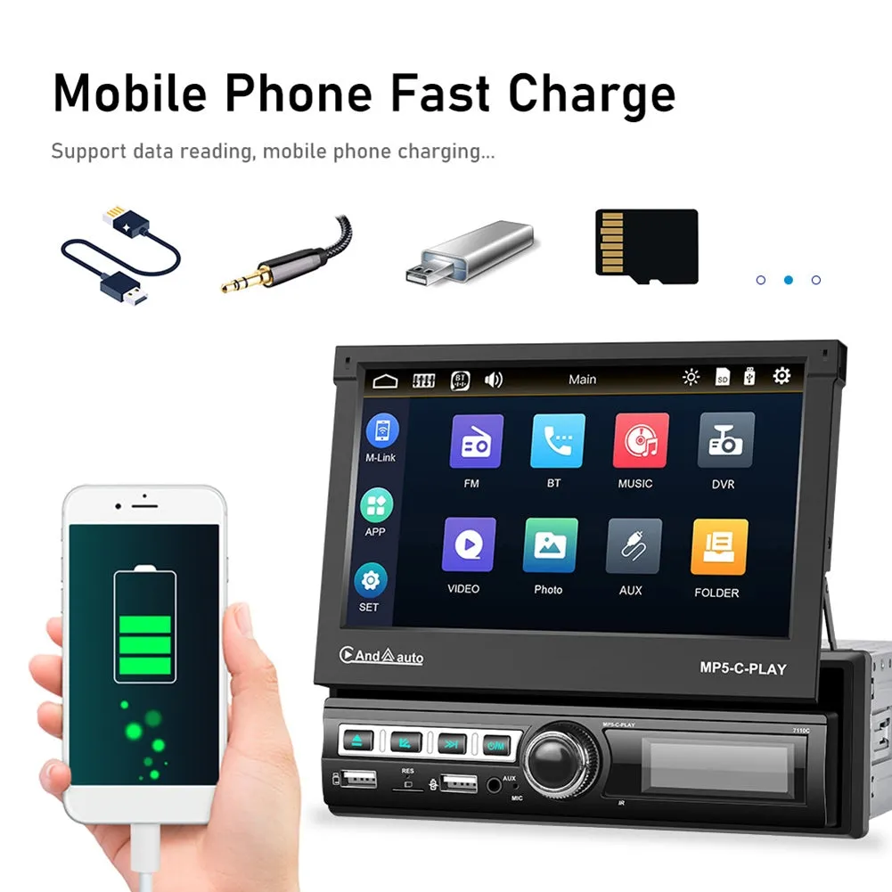 1 Din 7 Inch Car Multimedia Player Carplay Retractable Bluetooth