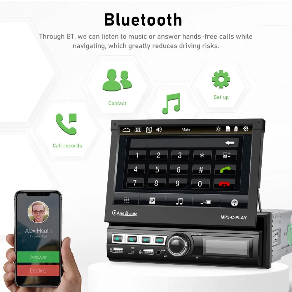 1 Din 7 Inch Car Multimedia Player Carplay Retractable Bluetooth