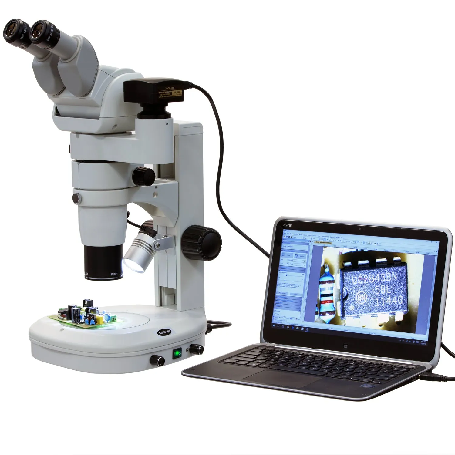 AmScope PM230 Series Zoom Trinocular Stereo Microscope 8X-80X Magnification on Track Stand with Common Main Objective(CMO), Dual Illumination and Adjustable Head