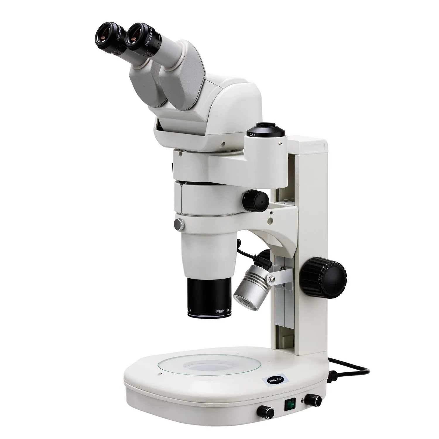 AmScope PM230 Series Zoom Trinocular Stereo Microscope 8X-80X Magnification on Track Stand with Common Main Objective(CMO), Dual Illumination and Adjustable Head