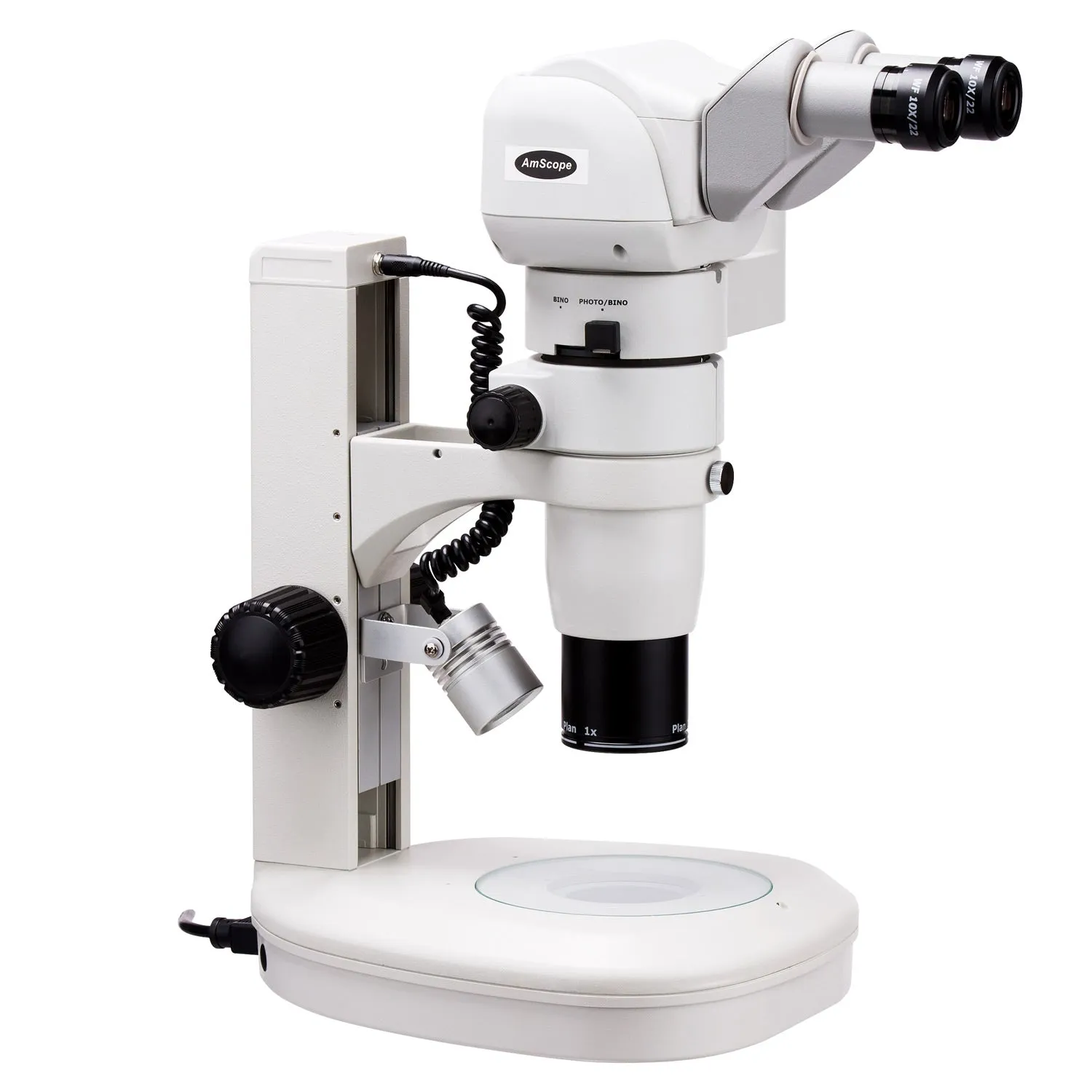 AmScope PM230 Series Zoom Trinocular Stereo Microscope 8X-80X Magnification on Track Stand with Common Main Objective(CMO), Dual Illumination and Adjustable Head