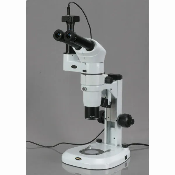 AmScope PM240 Series Zoom Trinocular Stereo Microscope 8X-80X Magnification on Track Stand with Common Main Objective(CMO) and 10MP Camera