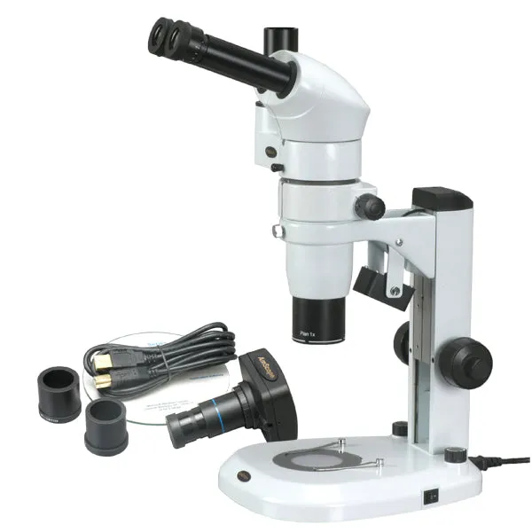 AmScope PM240 Series Zoom Trinocular Stereo Microscope 8X-80X Magnification on Track Stand with Common Main Objective(CMO) and 1.3MP Camera
