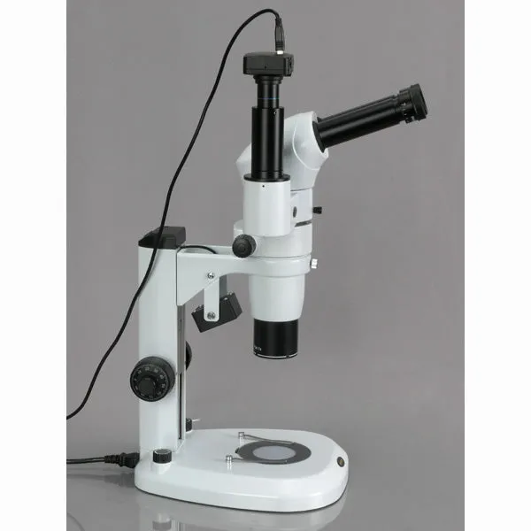 AmScope PM240 Series Zoom Trinocular Stereo Microscope 8X-80X Magnification on Track Stand with Common Main Objective(CMO) and 5MP Camera