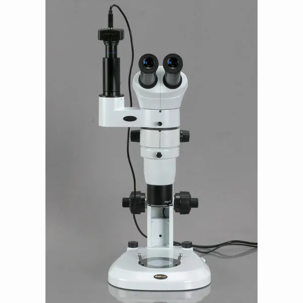 AmScope PM240 Series Zoom Trinocular Stereo Microscope 8X-80X Magnification on Track Stand with Common Main Objective(CMO) and 5MP Camera