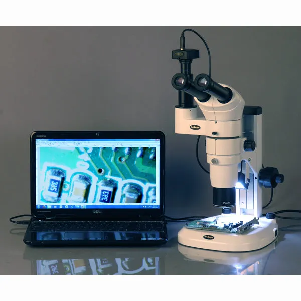 AmScope PM240 Series Zoom Trinocular Stereo Microscope 8X-80X Magnification on Track Stand with Common Main Objective(CMO) and 5MP Camera