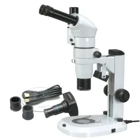 AmScope PM240 Series Zoom Trinocular Stereo Microscope 8X-80X Magnification on Track Stand with Common Main Objective(CMO) and 5MP Camera