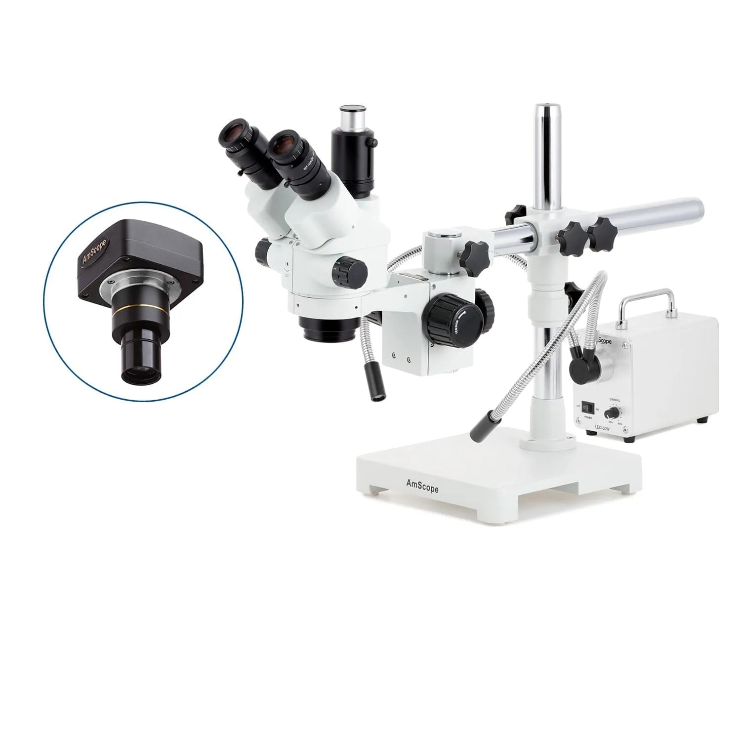 AmScope SM-3 Series Simul-Focal Lockable Zoom Trinocular Stereo Microscope with 30W LED Dual Gooseneck Fiber Optic Lights and Optional Digital Camera on Single Arm Boom Stand