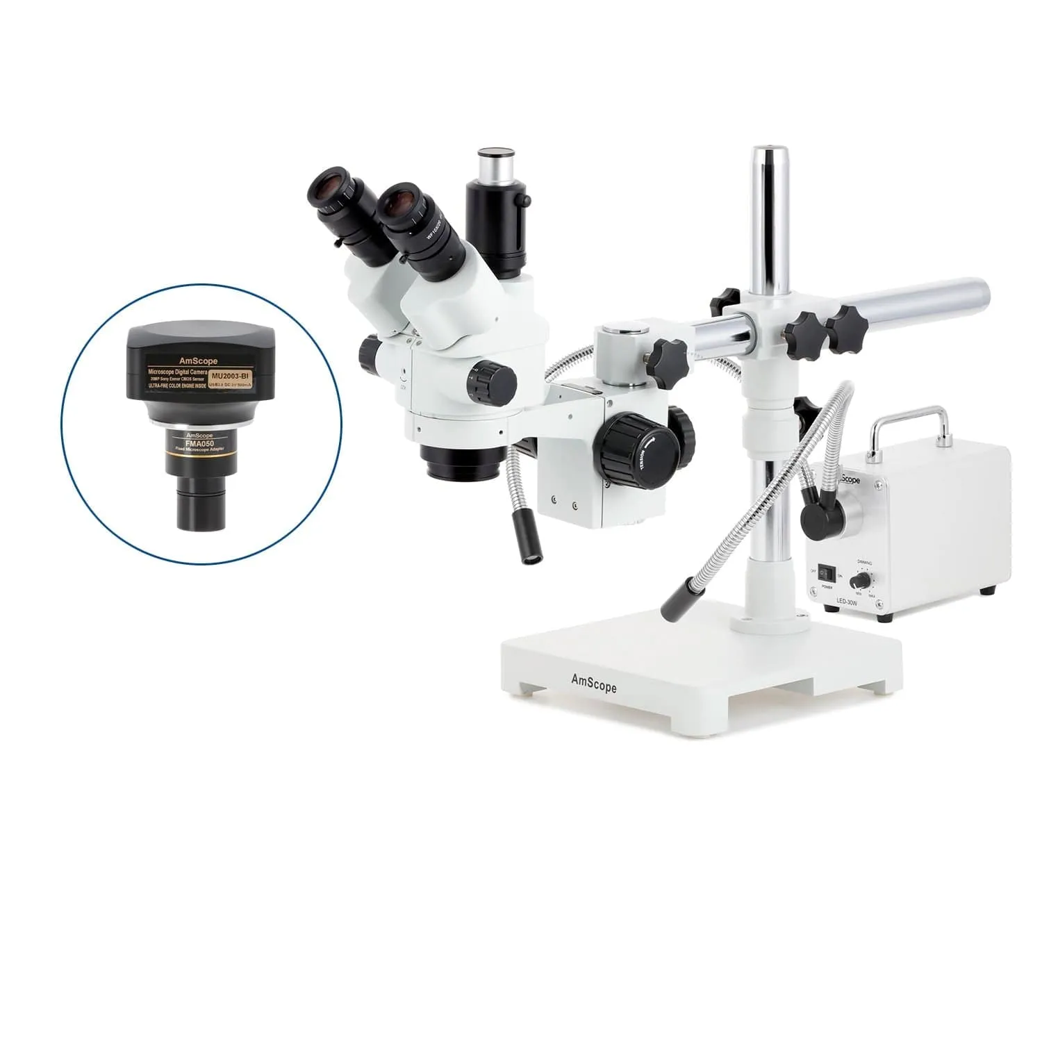AmScope SM-3 Series Simul-Focal Lockable Zoom Trinocular Stereo Microscope with 30W LED Dual Gooseneck Fiber Optic Lights and Optional Digital Camera on Single Arm Boom Stand