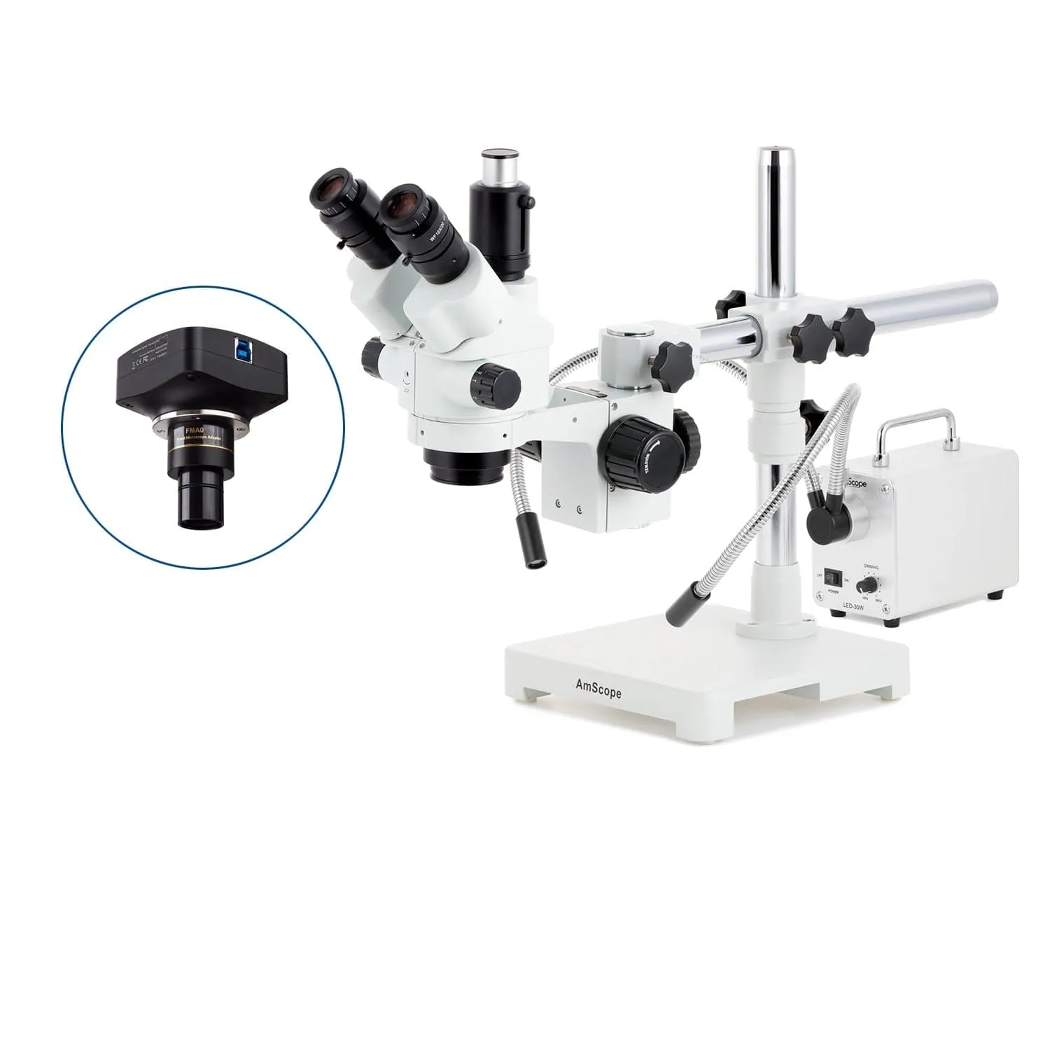 AmScope SM-3 Series Simul-Focal Lockable Zoom Trinocular Stereo Microscope with 30W LED Dual Gooseneck Fiber Optic Lights and Optional Digital Camera on Single Arm Boom Stand