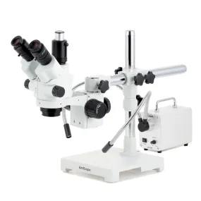 AmScope SM-3 Series Simul-Focal Lockable Zoom Trinocular Stereo Microscope with 30W LED Dual Gooseneck Fiber Optic Lights and Optional Digital Camera on Single Arm Boom Stand