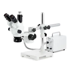 AmScope SM-3 Series Simul-Focal Lockable Zoom Trinocular Stereo Microscope with 30W LED Fiber Optic Ring Light and Optional Digital Camera on Single Arm Boom Stand