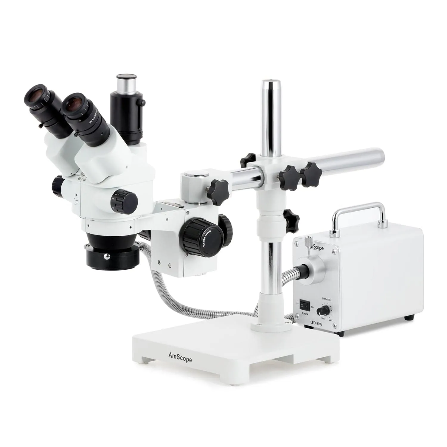 AmScope SM-3 Series Simul-Focal Lockable Zoom Trinocular Stereo Microscope with 30W LED Fiber Optic Ring Light and Optional Digital Camera on Single Arm Boom Stand