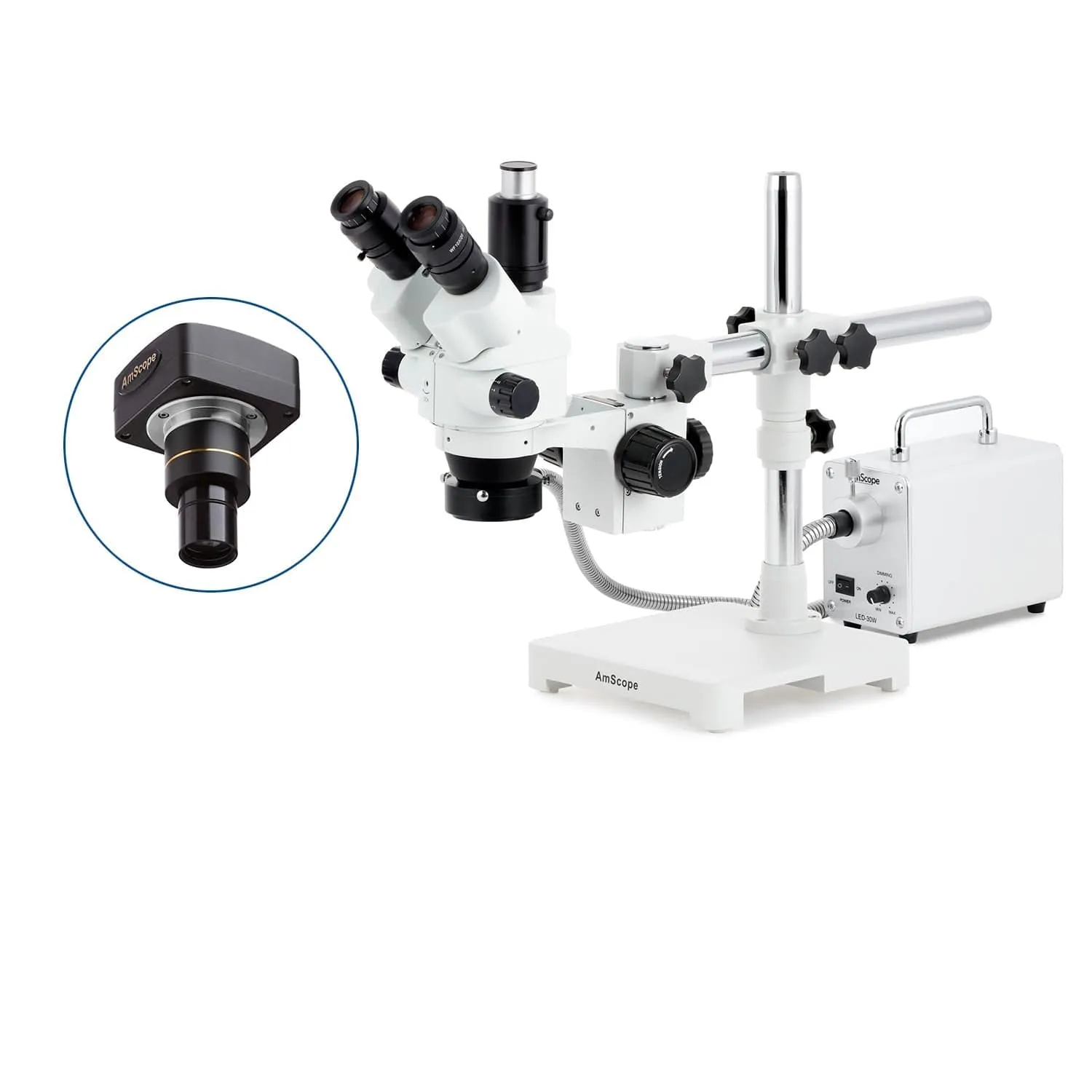 AmScope SM-3 Series Simul-Focal Lockable Zoom Trinocular Stereo Microscope with 30W LED Fiber Optic Ring Light and Optional Digital Camera on Single Arm Boom Stand