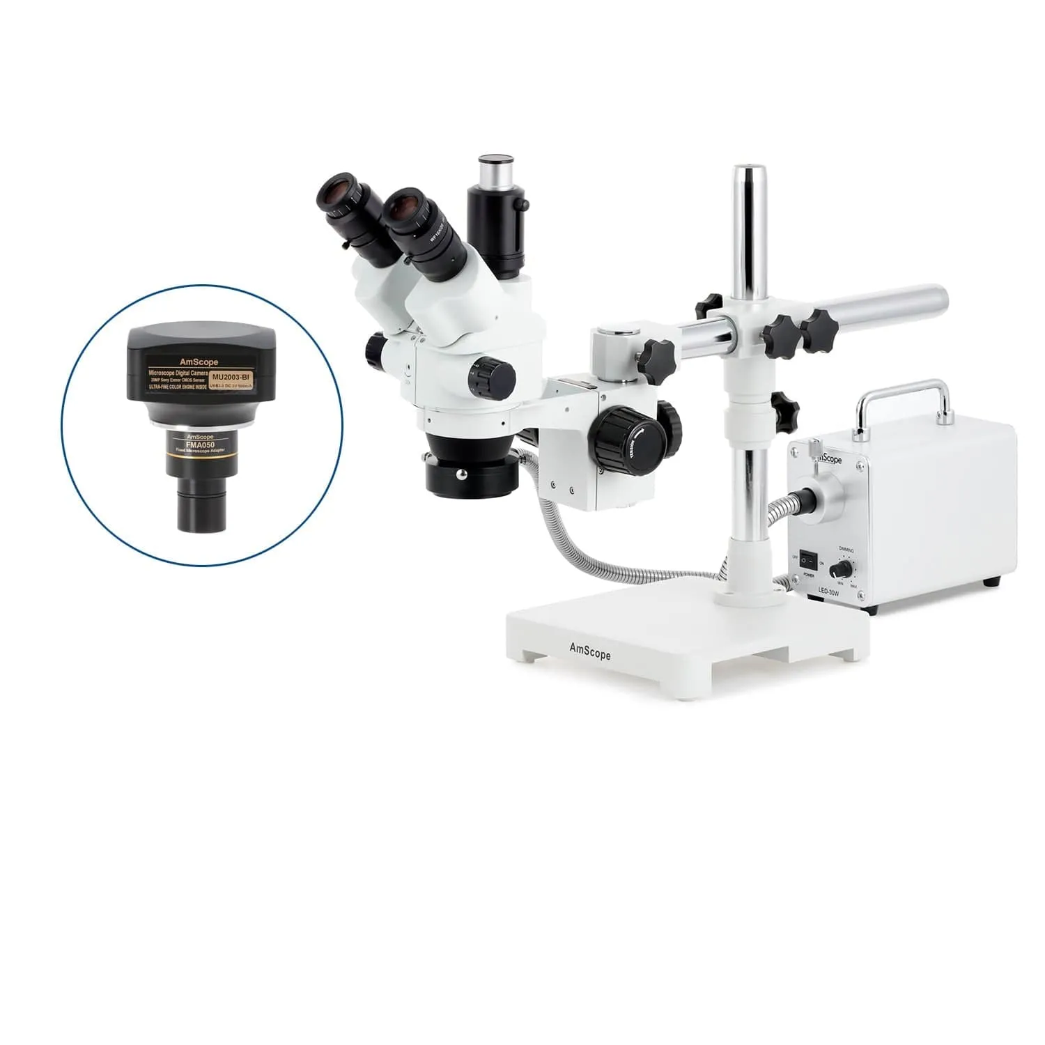 AmScope SM-3 Series Simul-Focal Lockable Zoom Trinocular Stereo Microscope with 30W LED Fiber Optic Ring Light and Optional Digital Camera on Single Arm Boom Stand