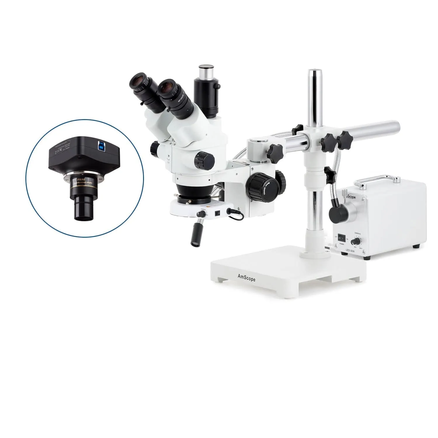 AmScope SM-3 Series Simul-Focal Lockable Zoom Trinocular Stereo Microscope with 30W LED Single Fiber Optic Gooseneck Light and Optional Digital Camera on Single Arm Boom Stand