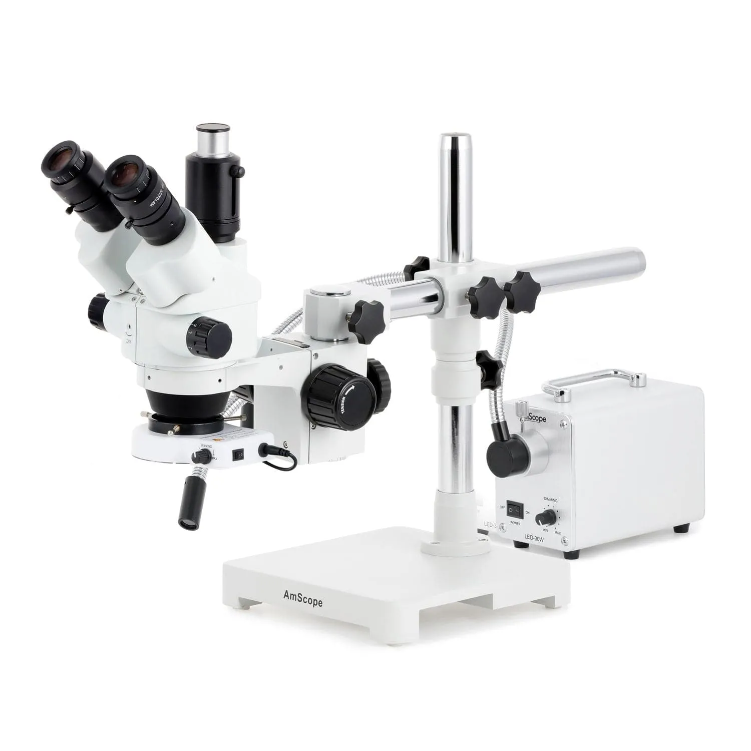 AmScope SM-3 Series Simul-Focal Lockable Zoom Trinocular Stereo Microscope with 30W LED Single Fiber Optic Gooseneck Light and Optional Digital Camera on Single Arm Boom Stand
