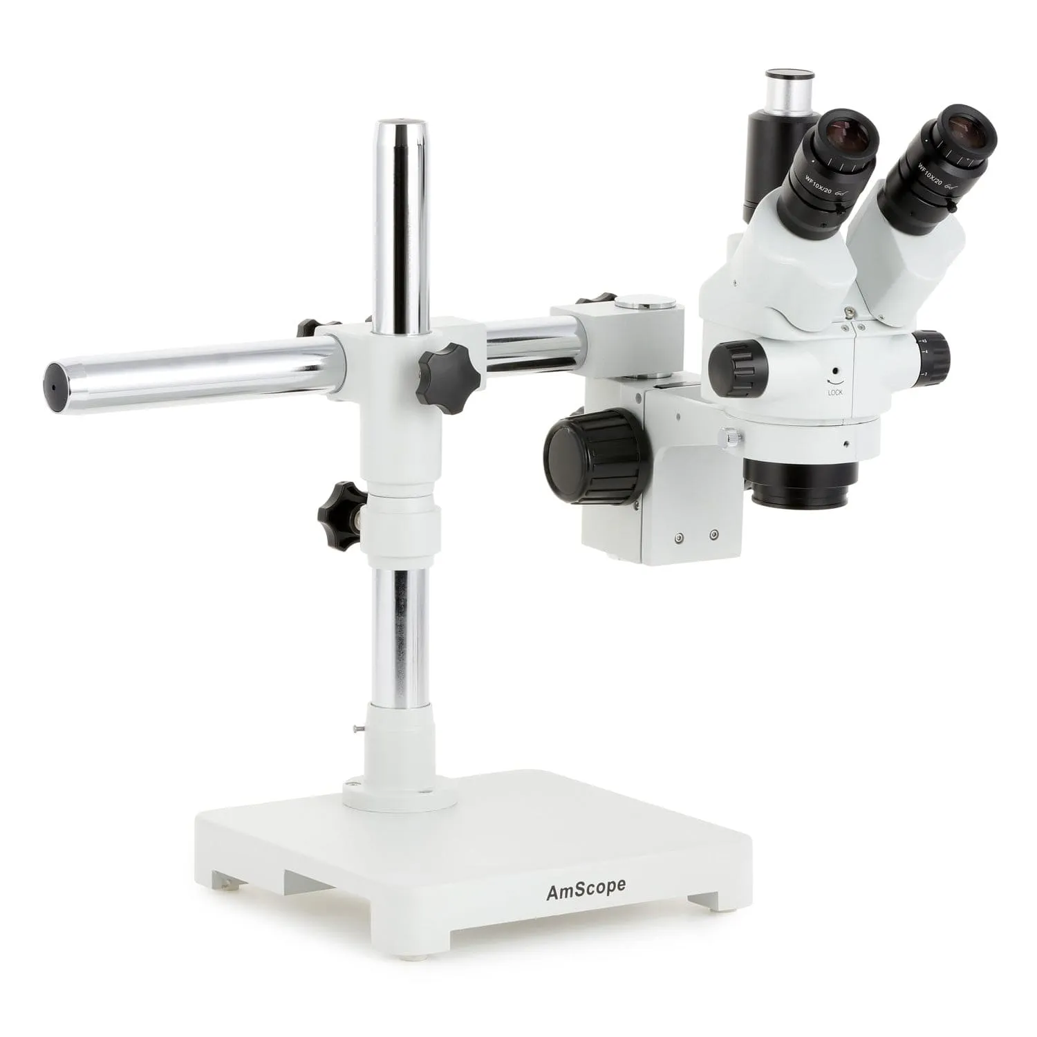 AmScope SM-3 Series Simul-Focal Lockable Zoom Trinocular Stereo Microscope with 30W LED Single Fiber Optic Gooseneck Light and Optional Digital Camera on Single Arm Boom Stand