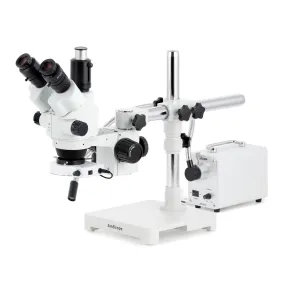 AmScope SM-3 Series Simul-Focal Lockable Zoom Trinocular Stereo Microscope with 30W LED Single Fiber Optic Gooseneck Light and Optional Digital Camera on Single Arm Boom Stand