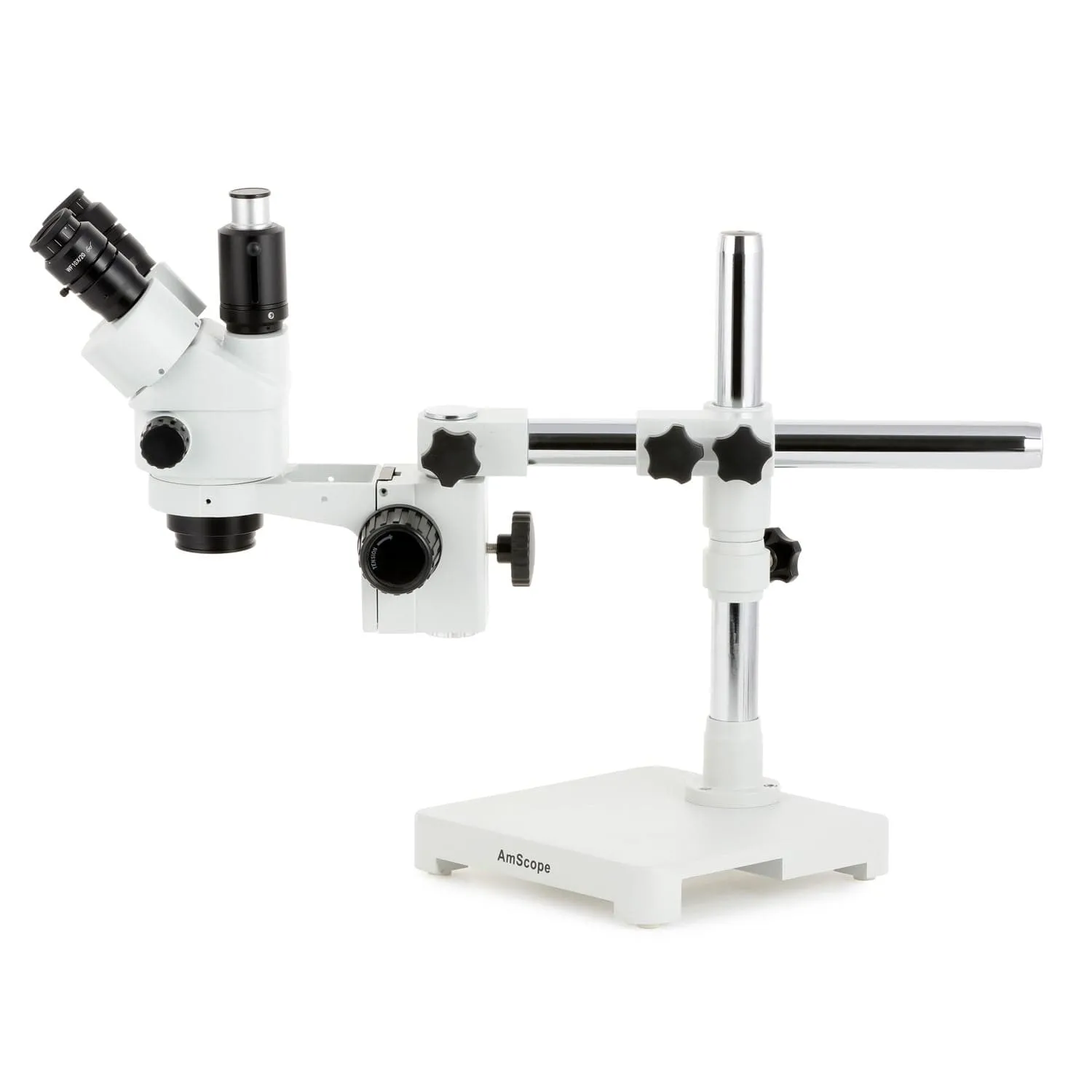 AmScope SM-3 Series Simul-Focal Lockable Zoom Trinocular Stereo Microscope with 30W LED Single Fiber Optic Gooseneck Light and Optional Digital Camera on Single Arm Boom Stand