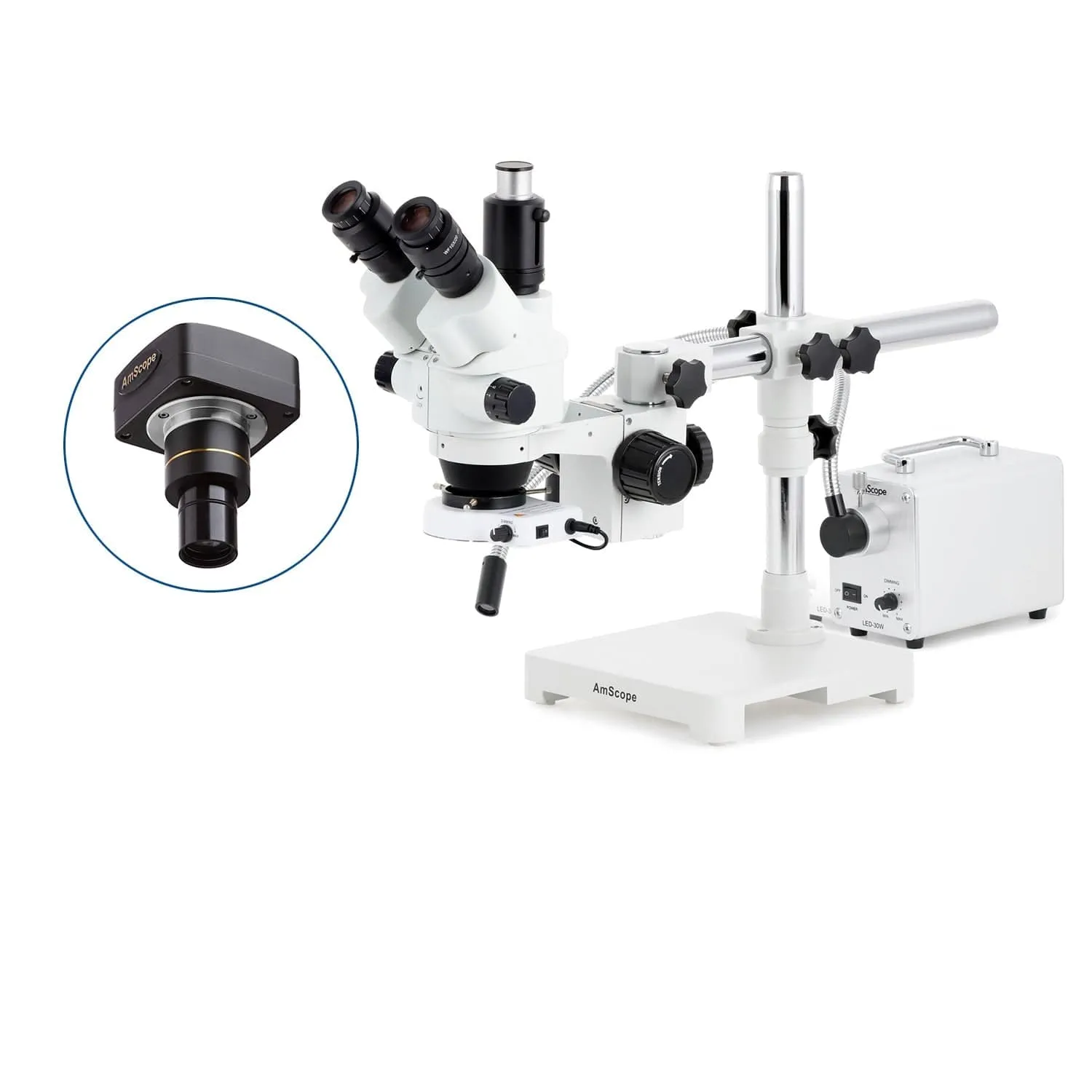 AmScope SM-3 Series Simul-Focal Lockable Zoom Trinocular Stereo Microscope with 30W LED Single Fiber Optic Gooseneck Light and Optional Digital Camera on Single Arm Boom Stand