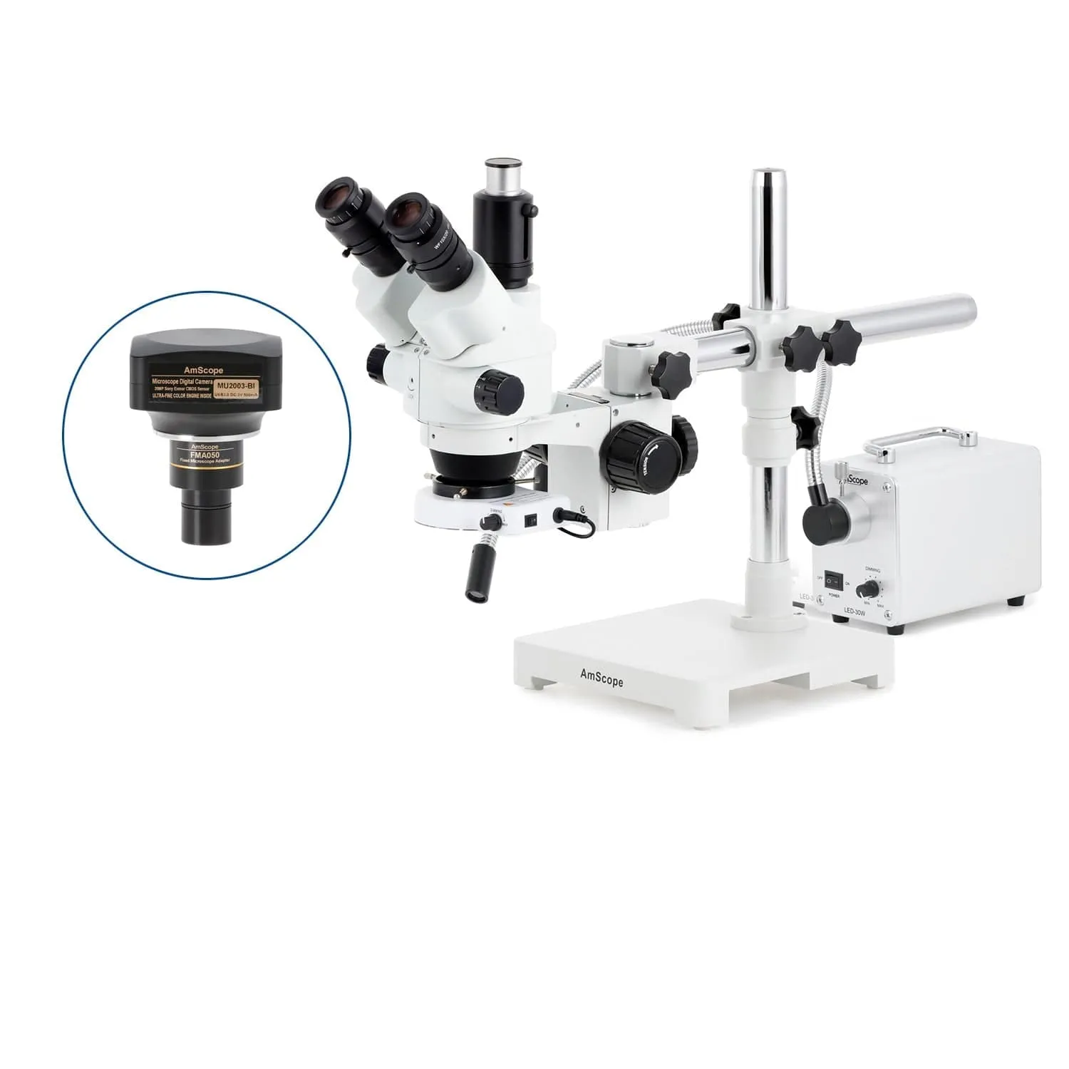 AmScope SM-3 Series Simul-Focal Lockable Zoom Trinocular Stereo Microscope with 30W LED Single Fiber Optic Gooseneck Light and Optional Digital Camera on Single Arm Boom Stand