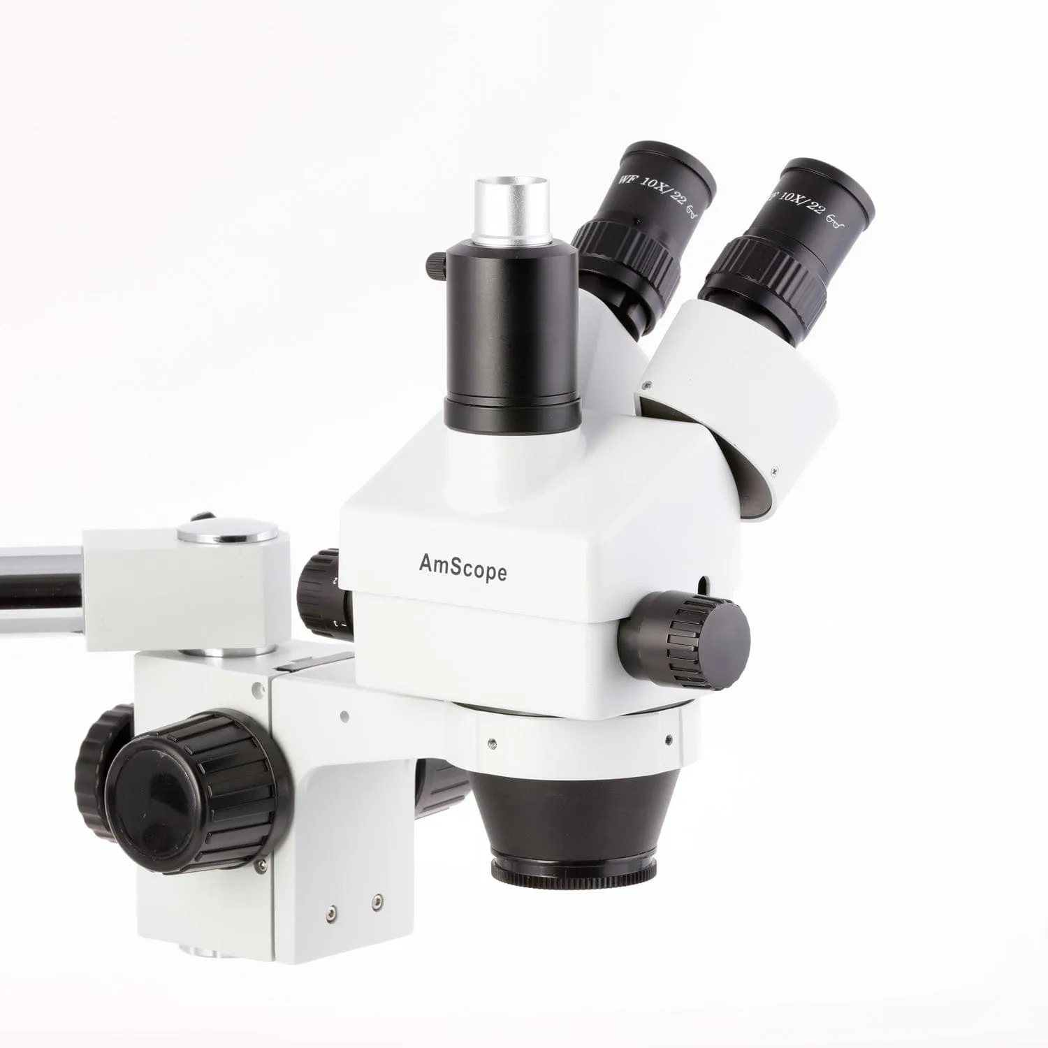 AmScope SM-3 Series Simul-Focal Lockable Zoom Trinocular Stereo Microscope with 30W LED Single Fiber Optic Gooseneck Light and Optional Digital Camera on Single Arm Boom Stand