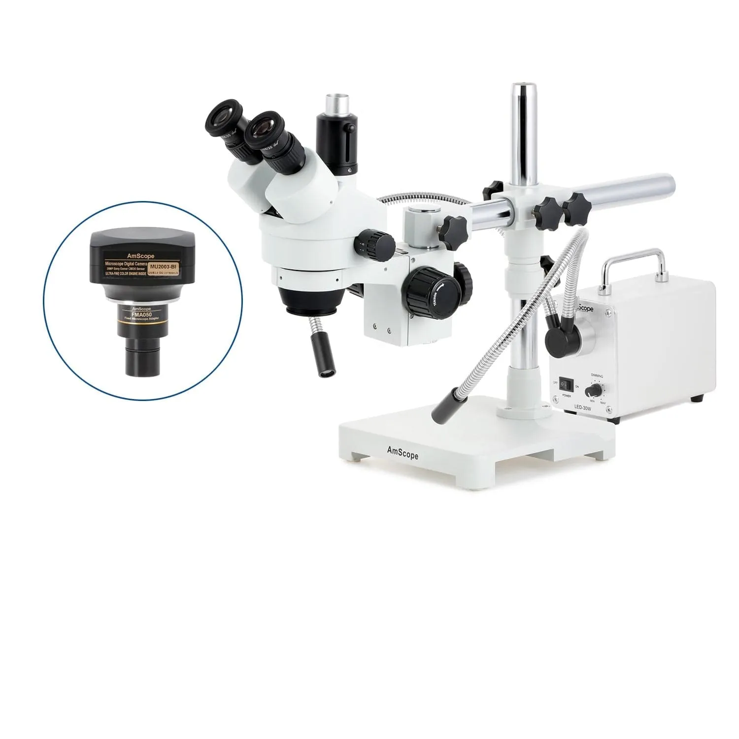 AmScope SM-3 Series Simul-Focal Zoom Trinocular Stereo Microscope with 30W LED Dual Gooseneck Fiber Optic Lights and Optional Digital Camera on Single Arm Boom Stand