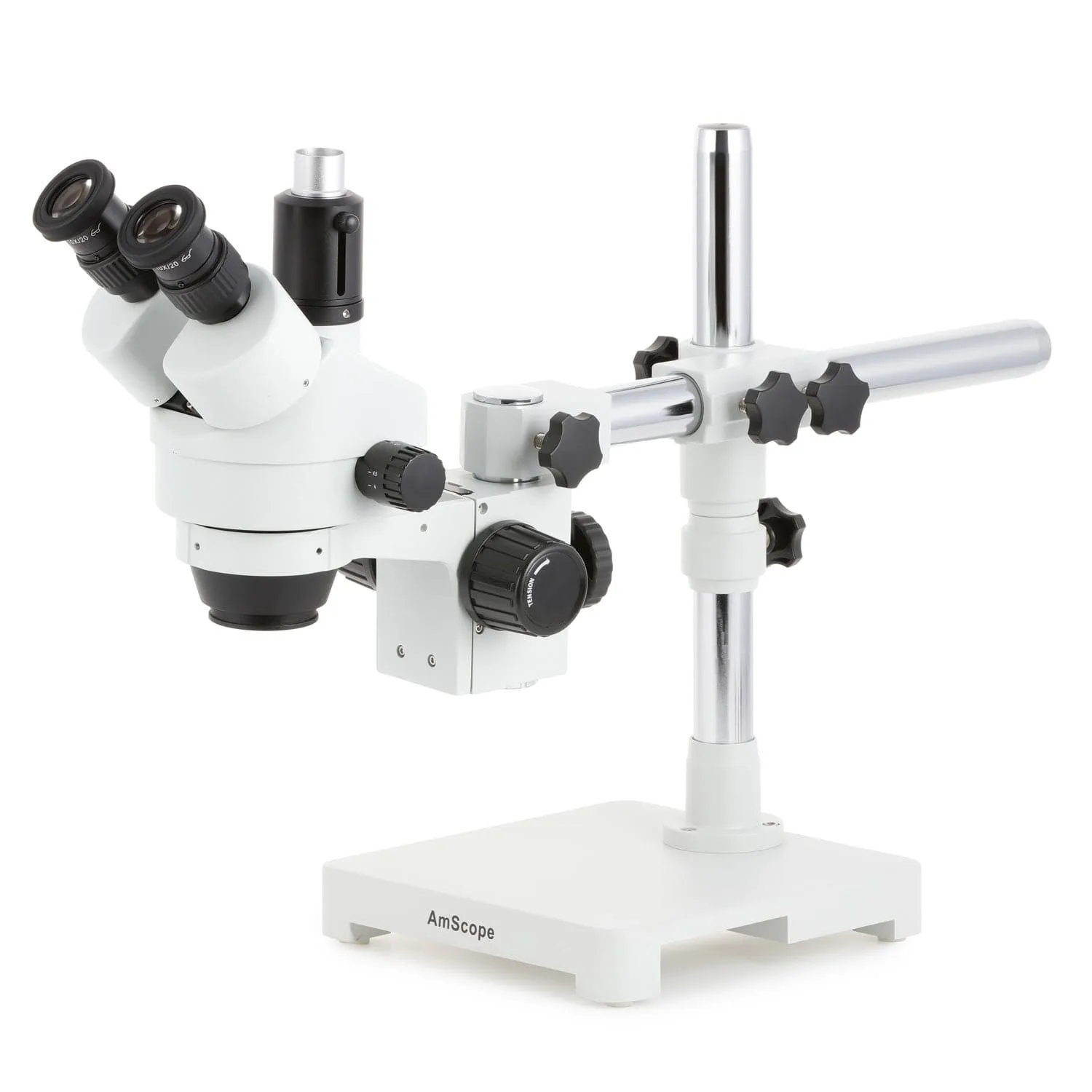 AmScope SM-3 Series Simul-Focal Zoom Trinocular Stereo Microscope with 30W LED Dual Gooseneck Fiber Optic Lights and Optional Digital Camera on Single Arm Boom Stand