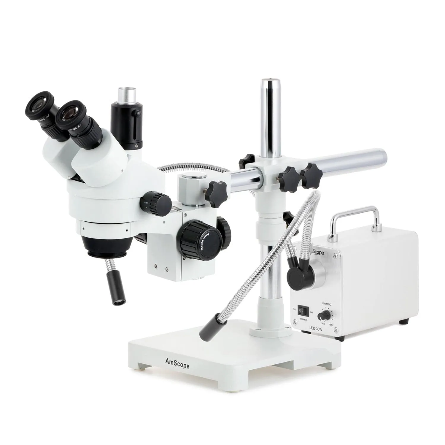 AmScope SM-3 Series Simul-Focal Zoom Trinocular Stereo Microscope with 30W LED Dual Gooseneck Fiber Optic Lights and Optional Digital Camera on Single Arm Boom Stand