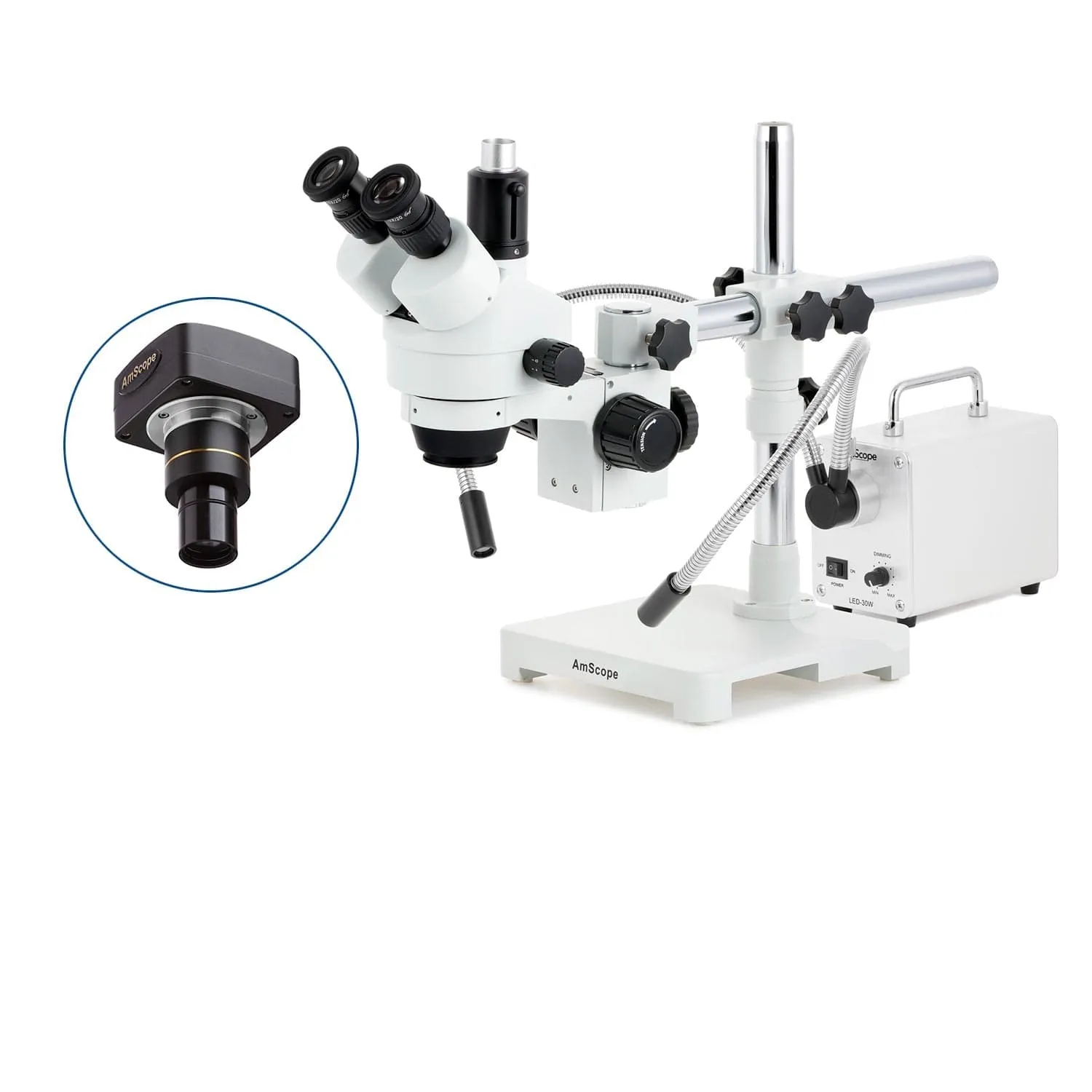 AmScope SM-3 Series Simul-Focal Zoom Trinocular Stereo Microscope with 30W LED Dual Gooseneck Fiber Optic Lights and Optional Digital Camera on Single Arm Boom Stand