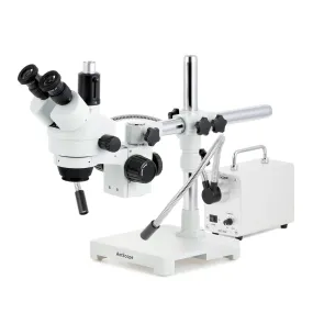 AmScope SM-3 Series Simul-Focal Zoom Trinocular Stereo Microscope with 30W LED Dual Gooseneck Fiber Optic Lights and Optional Digital Camera on Single Arm Boom Stand