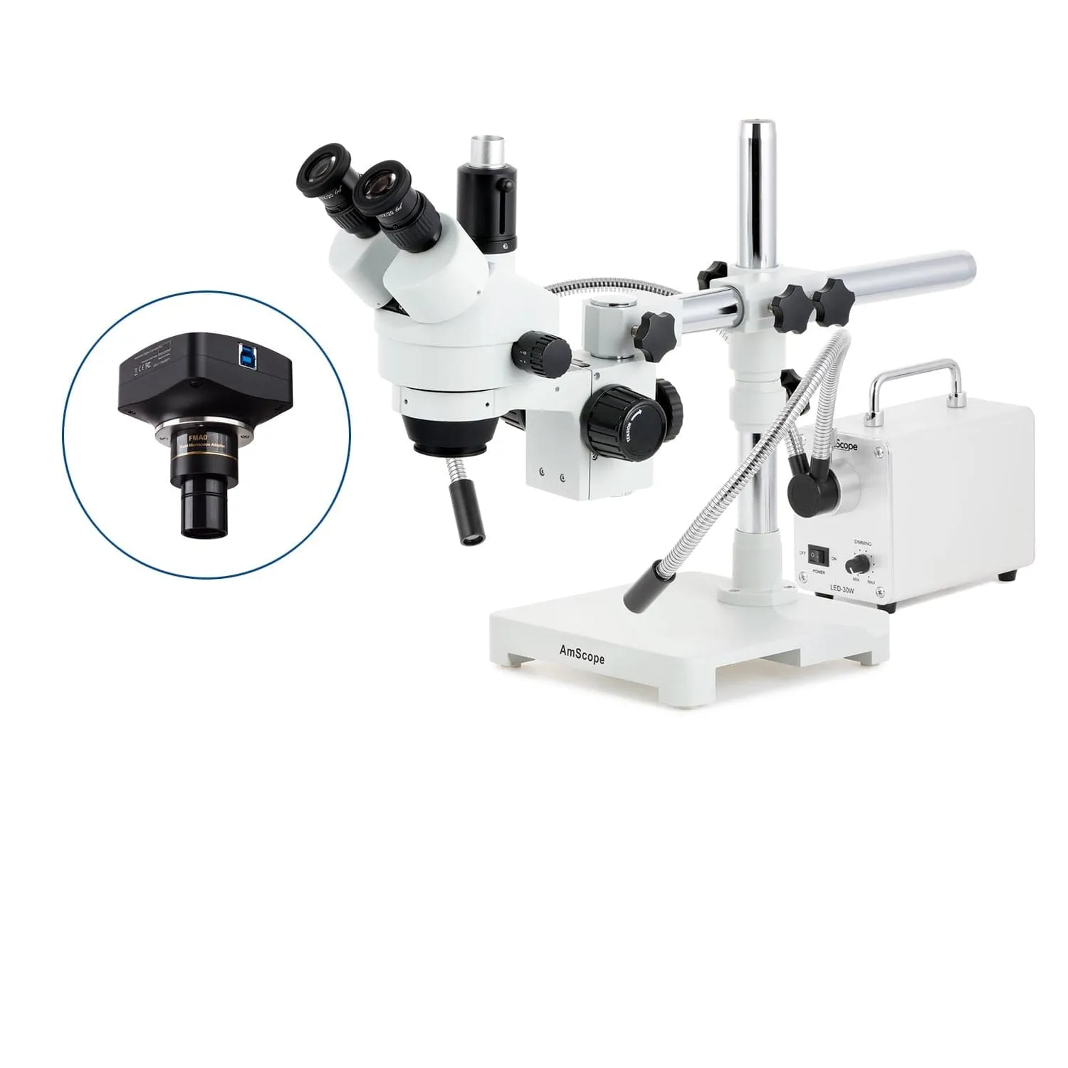 AmScope SM-3 Series Simul-Focal Zoom Trinocular Stereo Microscope with 30W LED Dual Gooseneck Fiber Optic Lights and Optional Digital Camera on Single Arm Boom Stand