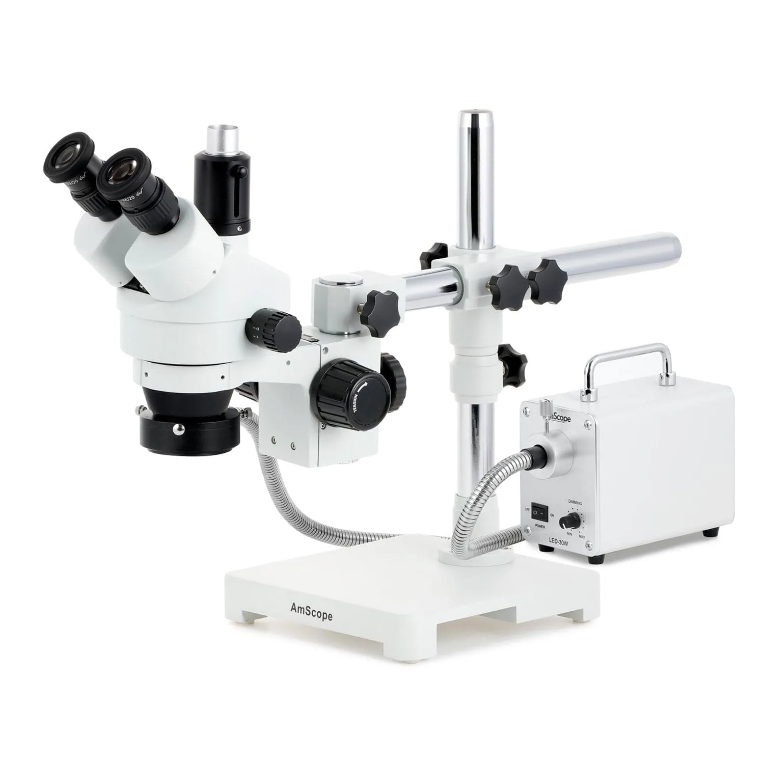 AmScope SM-3 Series Simul-Focal Zoom Trinocular Stereo Microscope with 30W LED Fiber Optic Ring Light and Optional Digital Camera on Single Arm Boom Stand