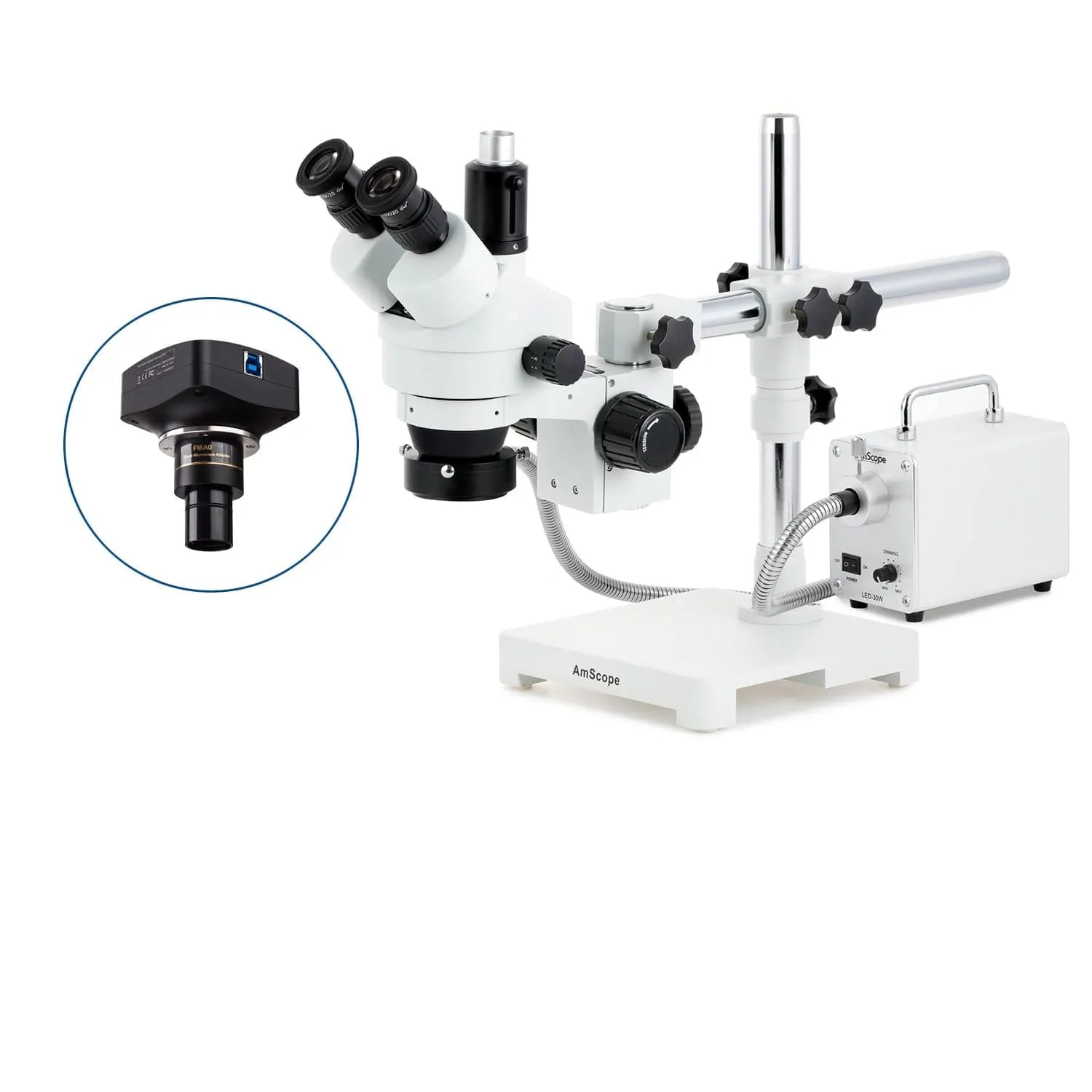 AmScope SM-3 Series Simul-Focal Zoom Trinocular Stereo Microscope with 30W LED Fiber Optic Ring Light and Optional Digital Camera on Single Arm Boom Stand