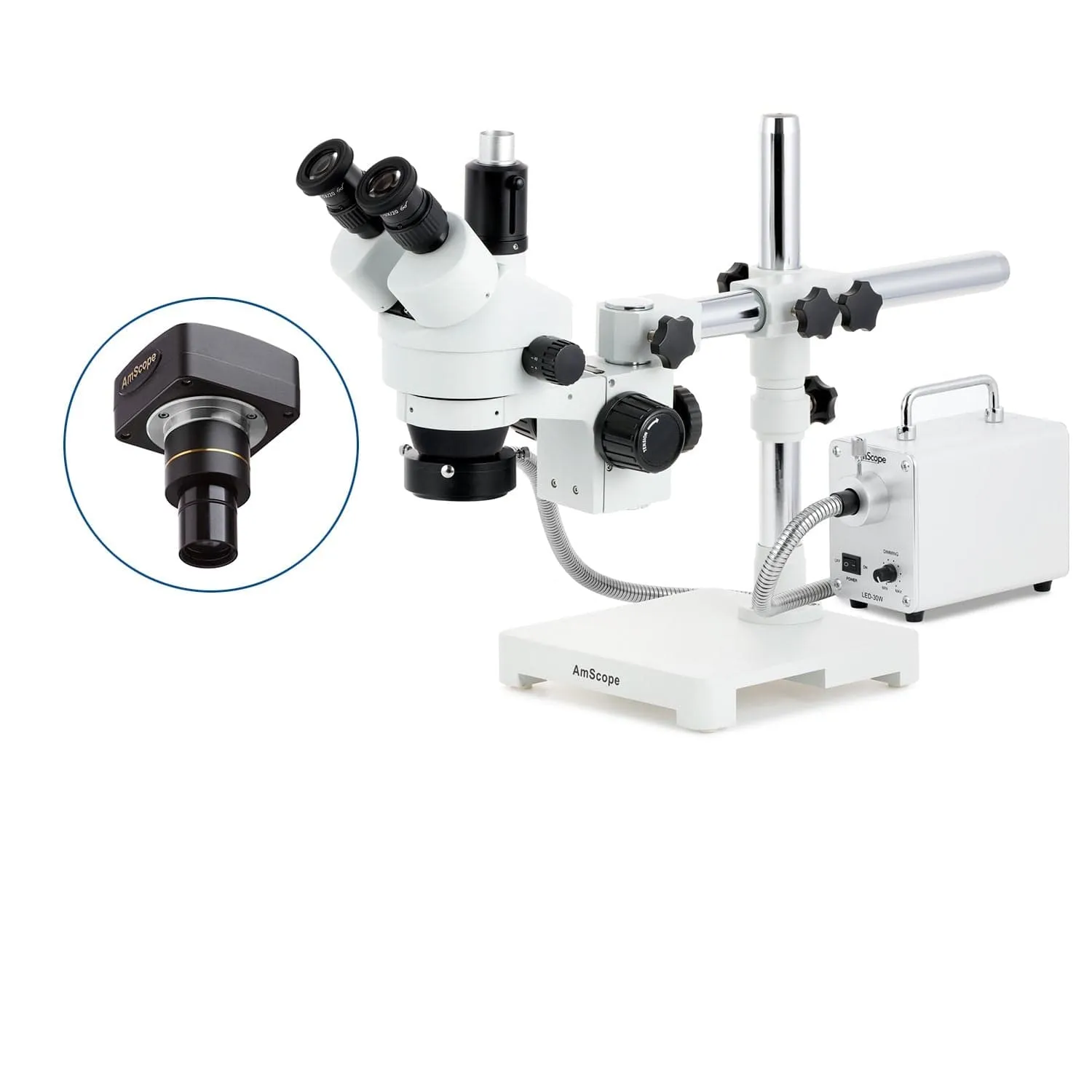 AmScope SM-3 Series Simul-Focal Zoom Trinocular Stereo Microscope with 30W LED Fiber Optic Ring Light and Optional Digital Camera on Single Arm Boom Stand