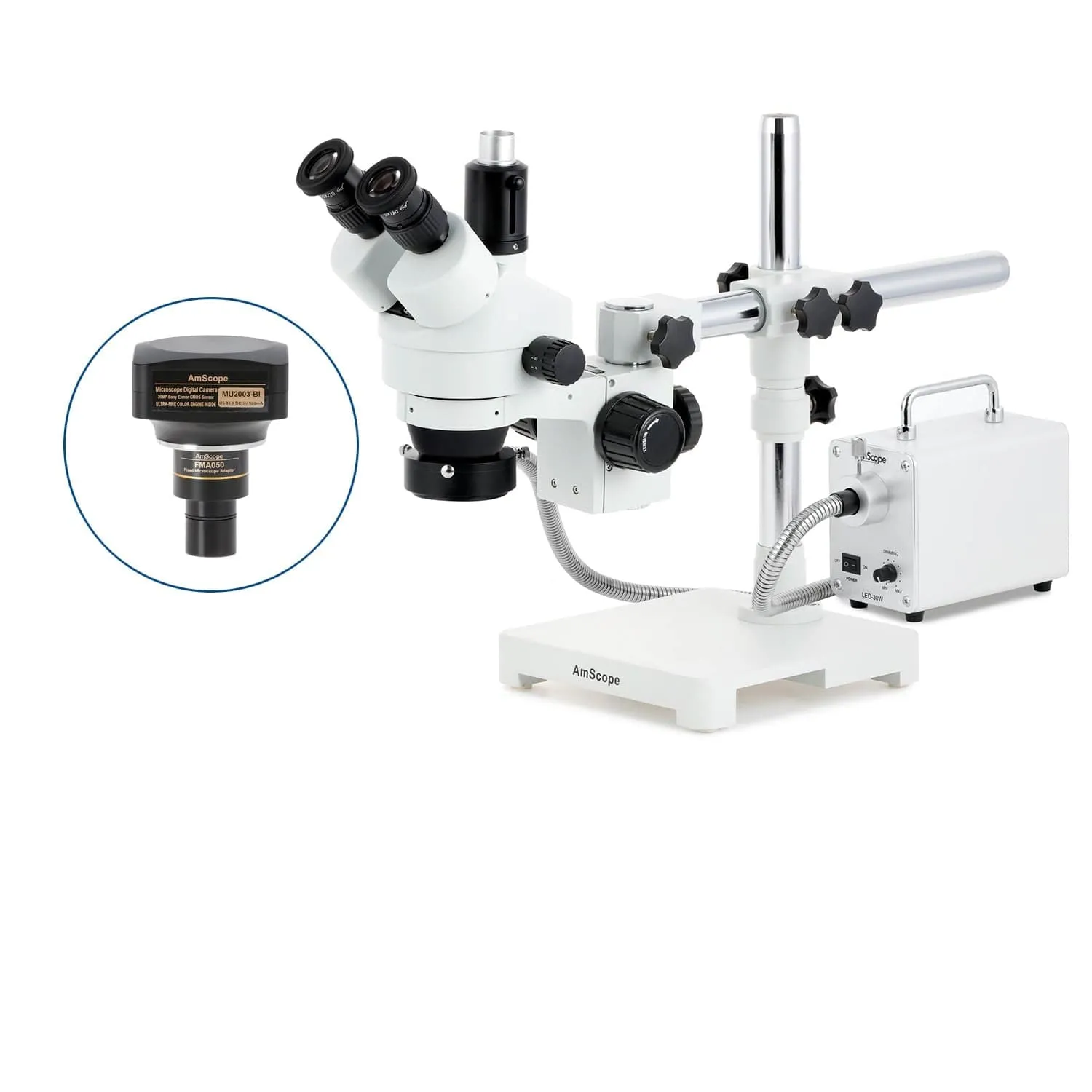 AmScope SM-3 Series Simul-Focal Zoom Trinocular Stereo Microscope with 30W LED Fiber Optic Ring Light and Optional Digital Camera on Single Arm Boom Stand
