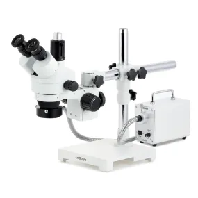 AmScope SM-3 Series Simul-Focal Zoom Trinocular Stereo Microscope with 30W LED Fiber Optic Ring Light and Optional Digital Camera on Single Arm Boom Stand