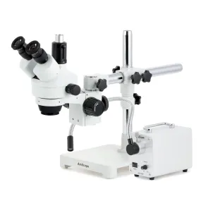 AmScope SM-3 Series Simul-Focal Zoom Trinocular Stereo Microscope with 30W LED Single Fiber Optic Gooseneck Light and Optional Digital Camera on Single Arm Boom Stand