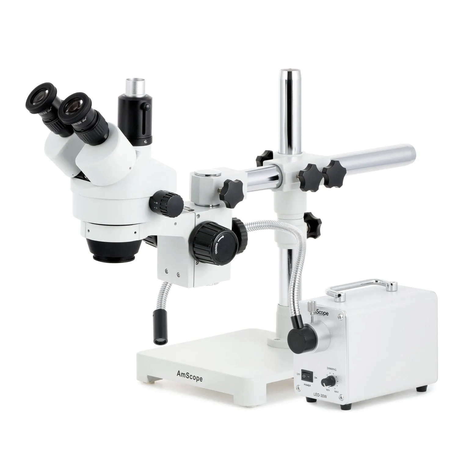 AmScope SM-3 Series Simul-Focal Zoom Trinocular Stereo Microscope with 30W LED Single Fiber Optic Gooseneck Light and Optional Digital Camera on Single Arm Boom Stand
