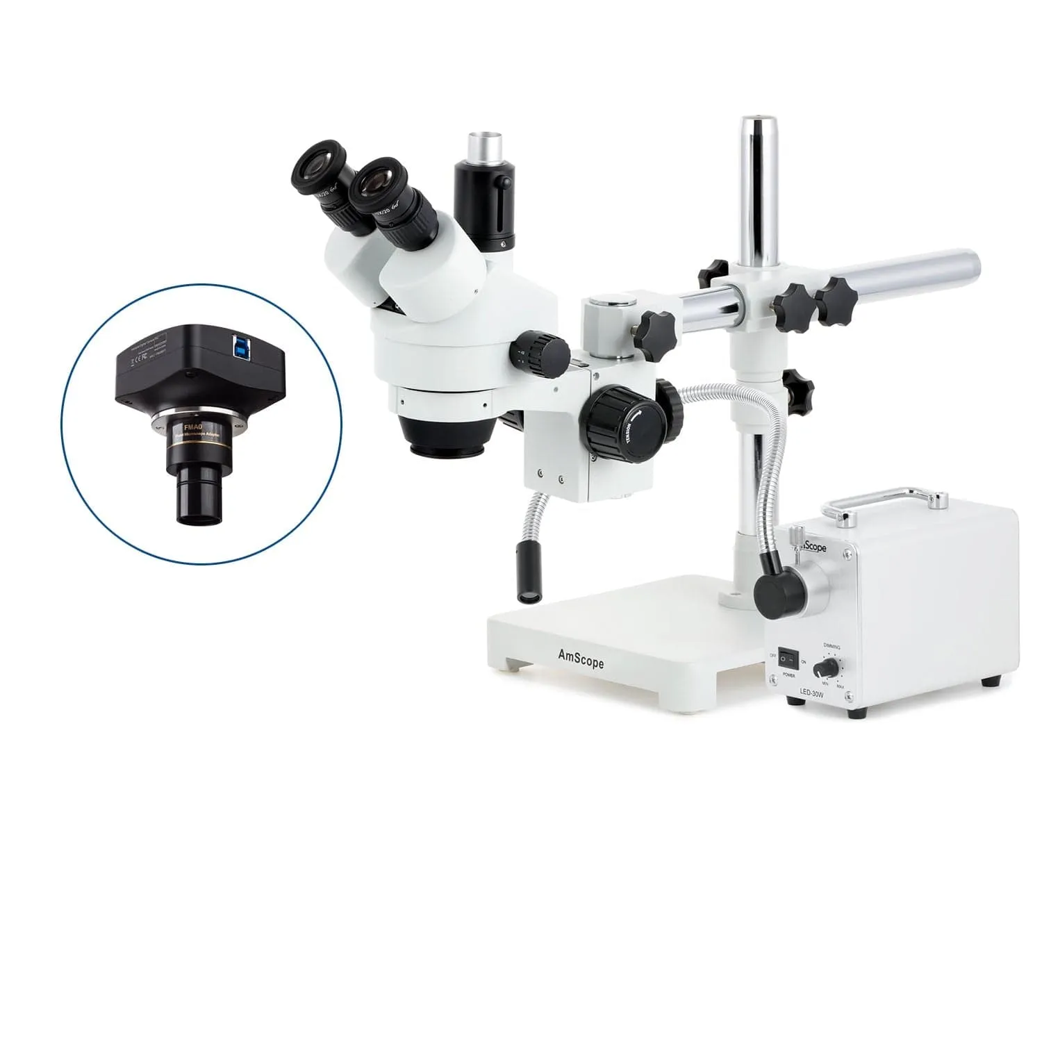 AmScope SM-3 Series Simul-Focal Zoom Trinocular Stereo Microscope with 30W LED Single Fiber Optic Gooseneck Light and Optional Digital Camera on Single Arm Boom Stand