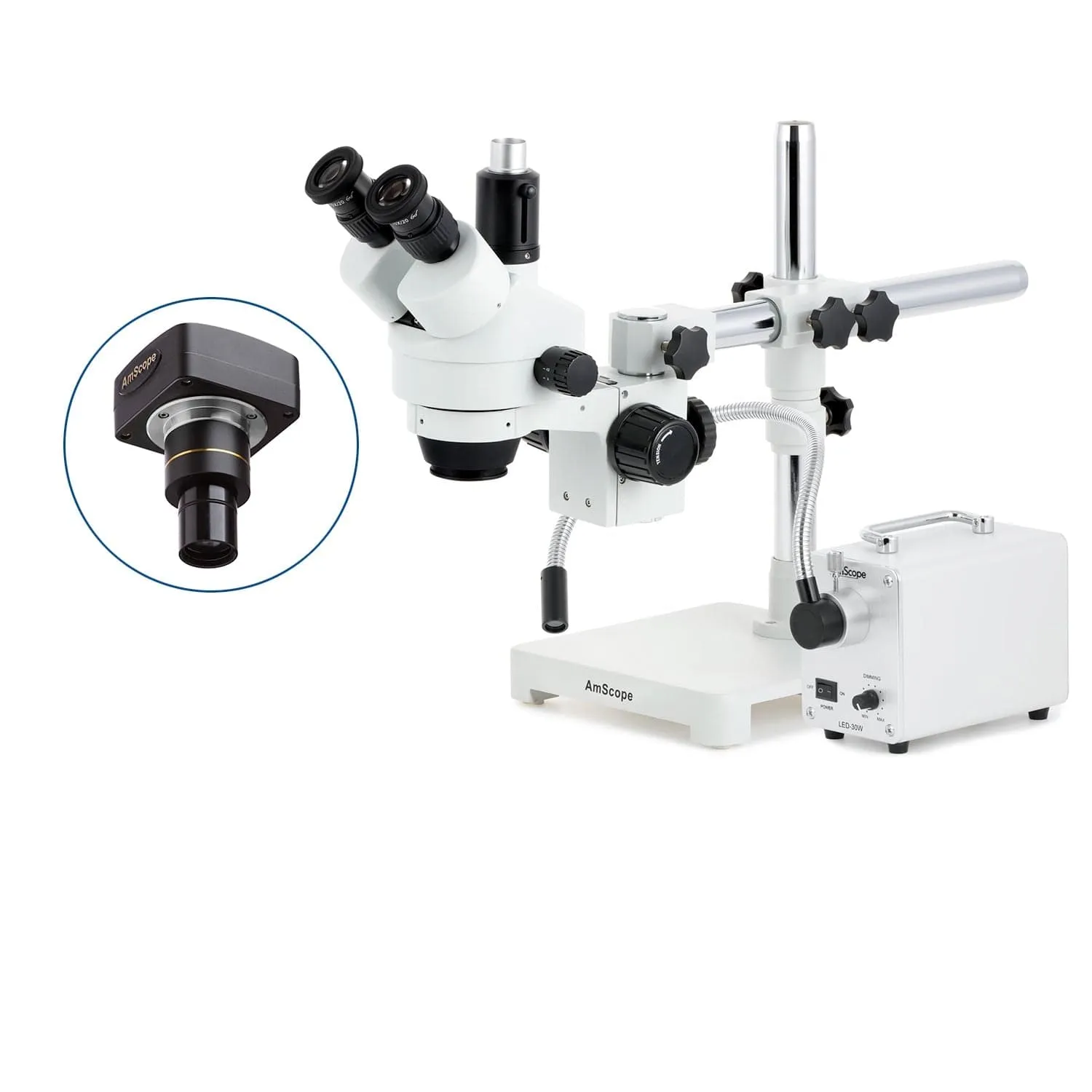 AmScope SM-3 Series Simul-Focal Zoom Trinocular Stereo Microscope with 30W LED Single Fiber Optic Gooseneck Light and Optional Digital Camera on Single Arm Boom Stand