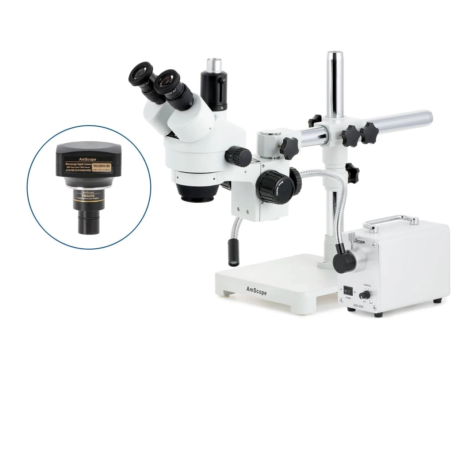 AmScope SM-3 Series Simul-Focal Zoom Trinocular Stereo Microscope with 30W LED Single Fiber Optic Gooseneck Light and Optional Digital Camera on Single Arm Boom Stand