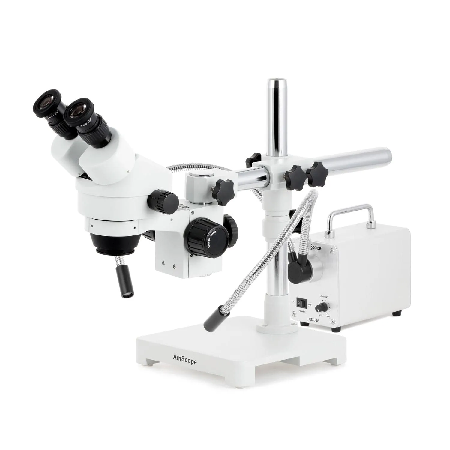 AmScope SM-3 Series Zoom Binocular Stereo Microscope with 30W LED Dual Gooseneck Fiber Optic Lights and Optional Digital Camera on Single Arm Boom Stand