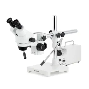 AmScope SM-3 Series Zoom Binocular Stereo Microscope with 30W LED Dual Gooseneck Fiber Optic Lights and Optional Digital Camera on Single Arm Boom Stand