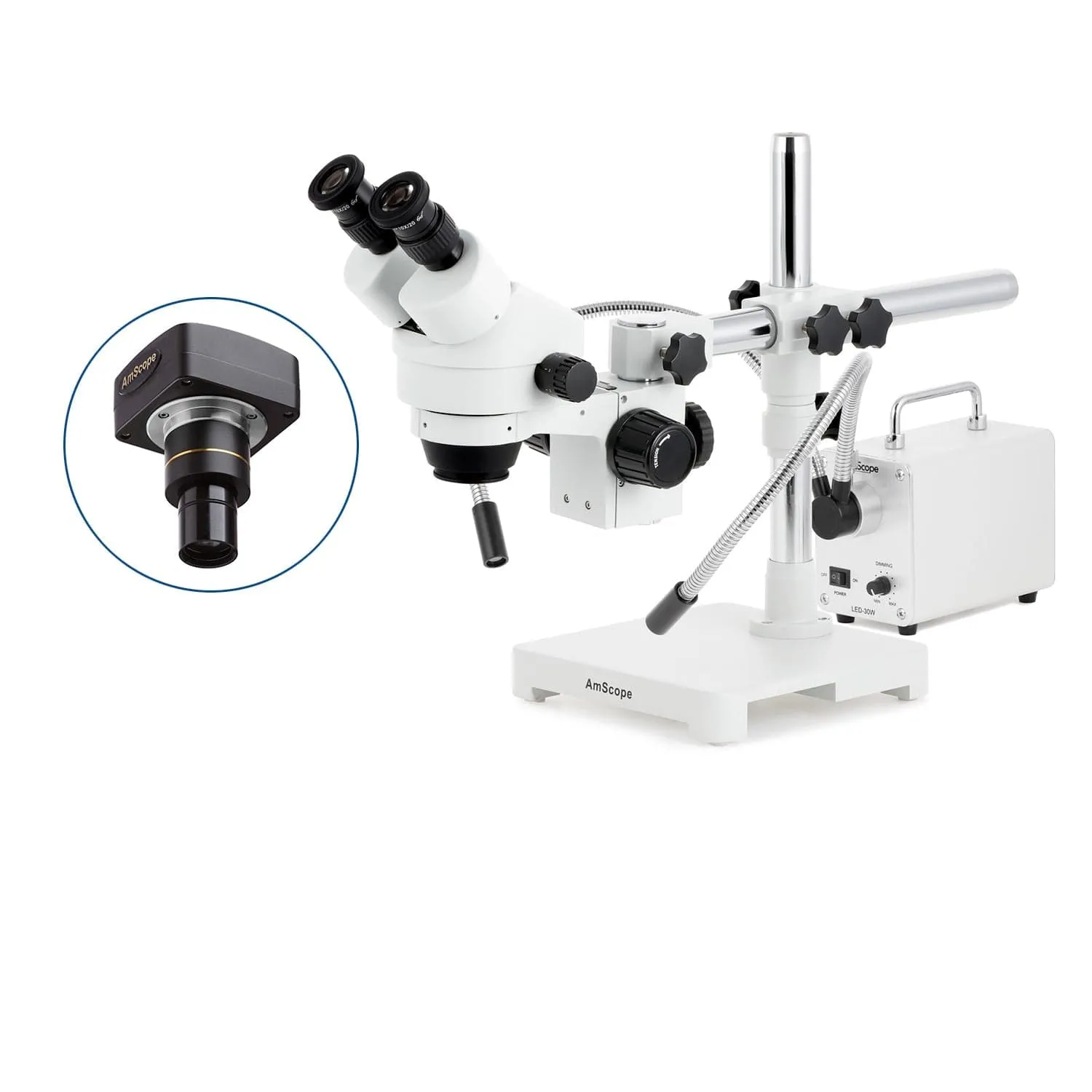 AmScope SM-3 Series Zoom Binocular Stereo Microscope with 30W LED Dual Gooseneck Fiber Optic Lights and Optional Digital Camera on Single Arm Boom Stand