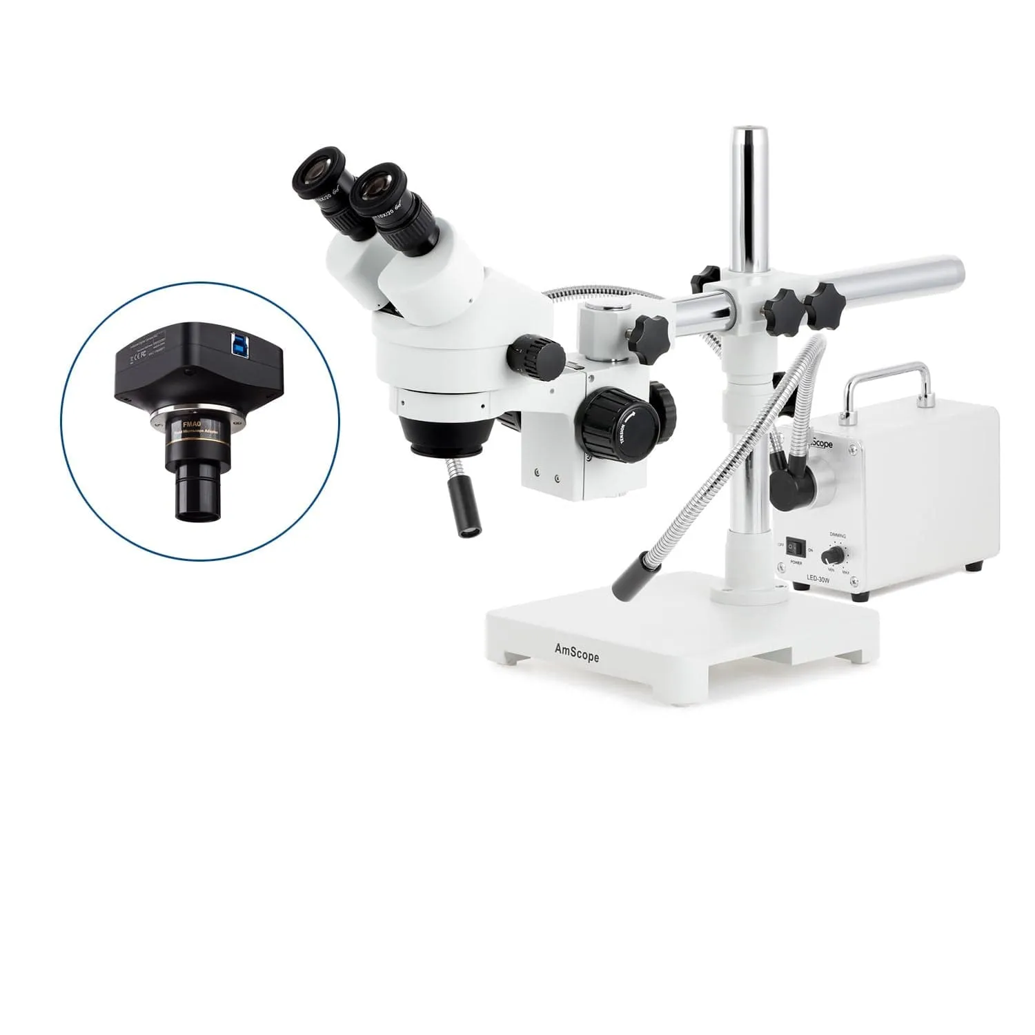 AmScope SM-3 Series Zoom Binocular Stereo Microscope with 30W LED Dual Gooseneck Fiber Optic Lights and Optional Digital Camera on Single Arm Boom Stand
