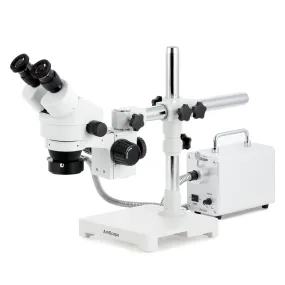 AmScope SM-3 Series Zoom Binocular Stereo Microscope with 30W LED Fiber Optic Ring Light and Optional Digital Camera on Single Arm Boom Stand