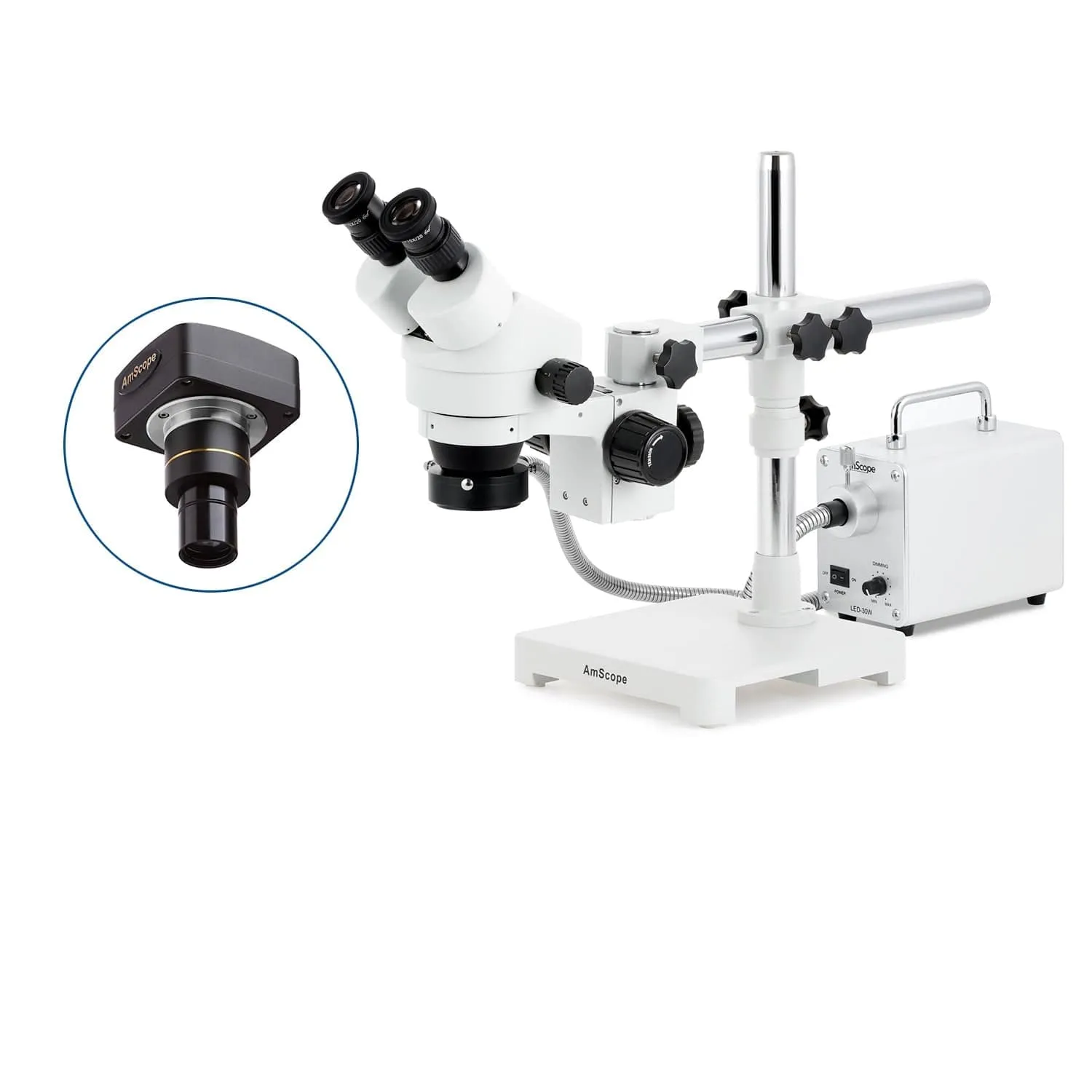 AmScope SM-3 Series Zoom Binocular Stereo Microscope with 30W LED Fiber Optic Ring Light and Optional Digital Camera on Single Arm Boom Stand