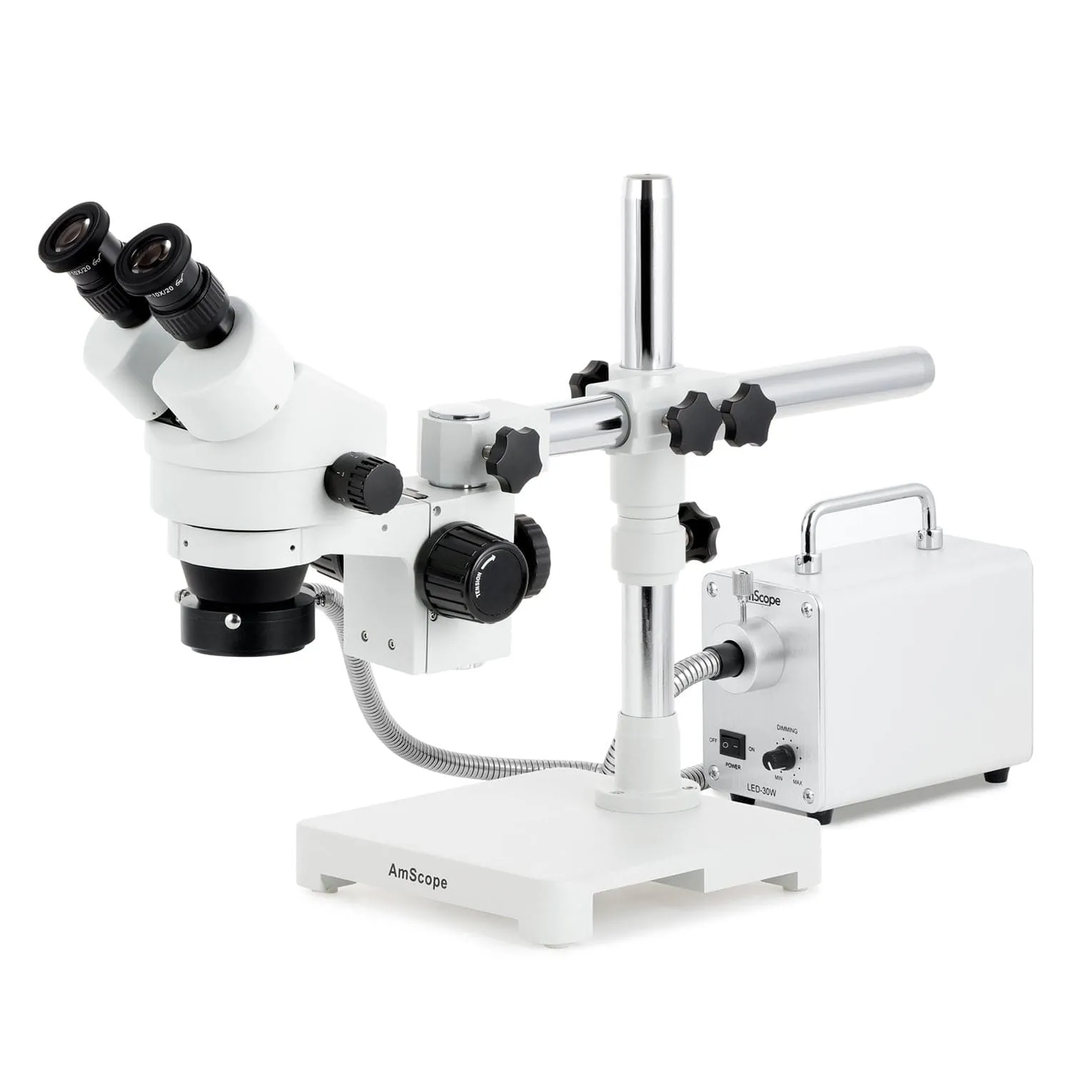 AmScope SM-3 Series Zoom Binocular Stereo Microscope with 30W LED Fiber Optic Ring Light and Optional Digital Camera on Single Arm Boom Stand